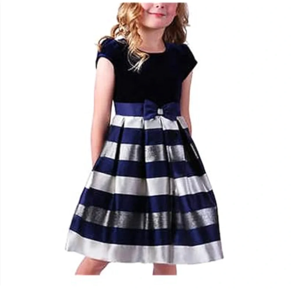 Jona Michelle Girls Special Occasion Blue Velvet Striped A Line Dress